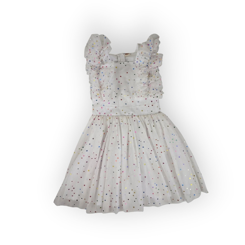 Girls White Tulle Star Print Ruffle Flutter Sleeve Party Dress Size 120 5-6Y